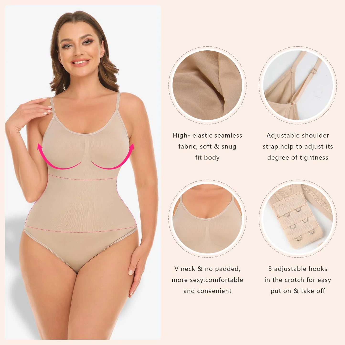 3 Packs Women Slimming Bodysuits Shapewear Tops Tummy Control Thong Body Shaper Spaghetti Strap Camisole