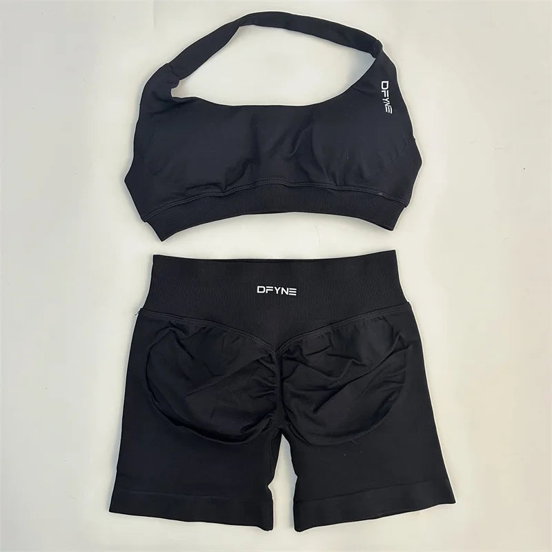 Dfyne Seamless Yoga Set Impact Shorts Set Workout Scrunch Shorts Sets Halter Sports Bra Scrunch Shorts Fitness Clothes Gym Suit