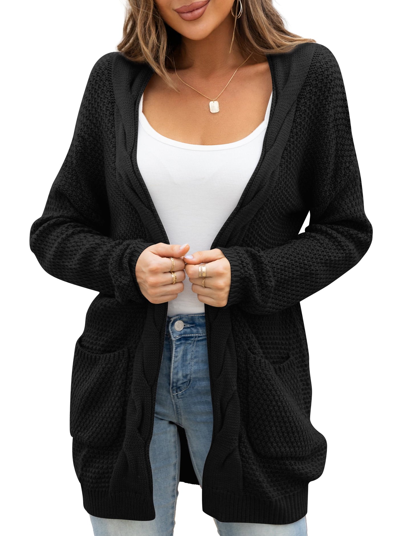 Women Cardigan Sweater Chunky Cable Knit Loose Cardigan with Pockets S-XXL